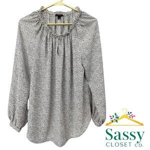 LOFT Petite White Black Dot Blouse Keyhole Neck Blouson Sleeves Size MP